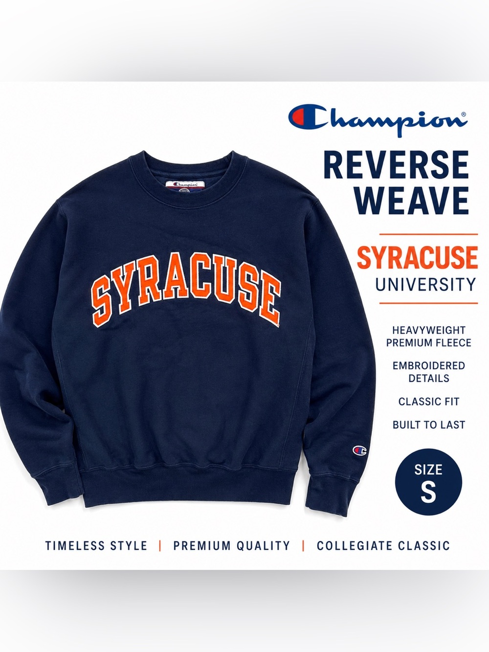 Champion Reverse Weave Syracuse University Crewneck Sweatshirt Small Navy